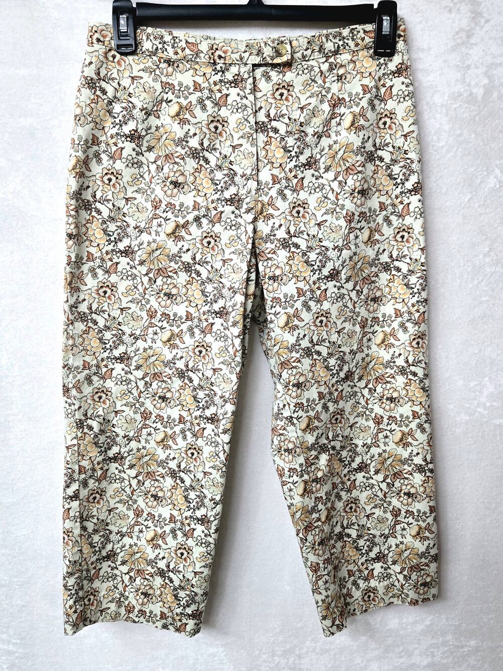 Vintage White Stag Floral Cropped Capri Pant Sz 12 Cream Yellow Shabby Chic 90s